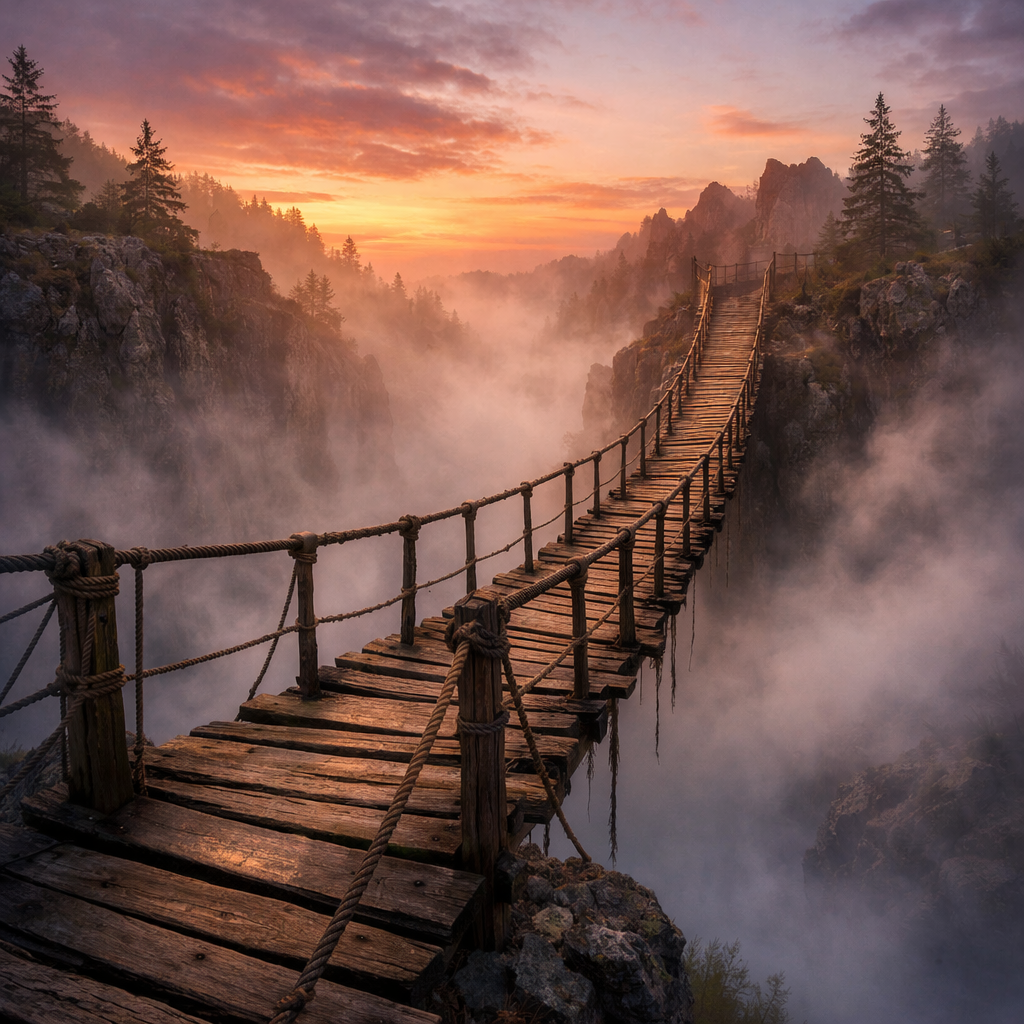 Wooden suspension bridge crossing foggy rocky gorge at sunrise with pine trees