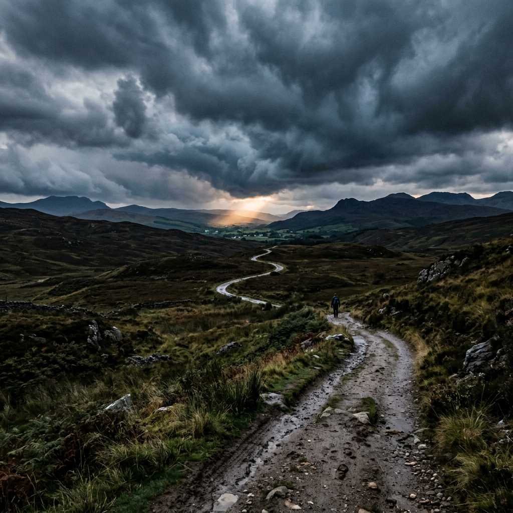 A winding dirt road leading through dark hills with a person walking and sunlight breaking through cloudy sky