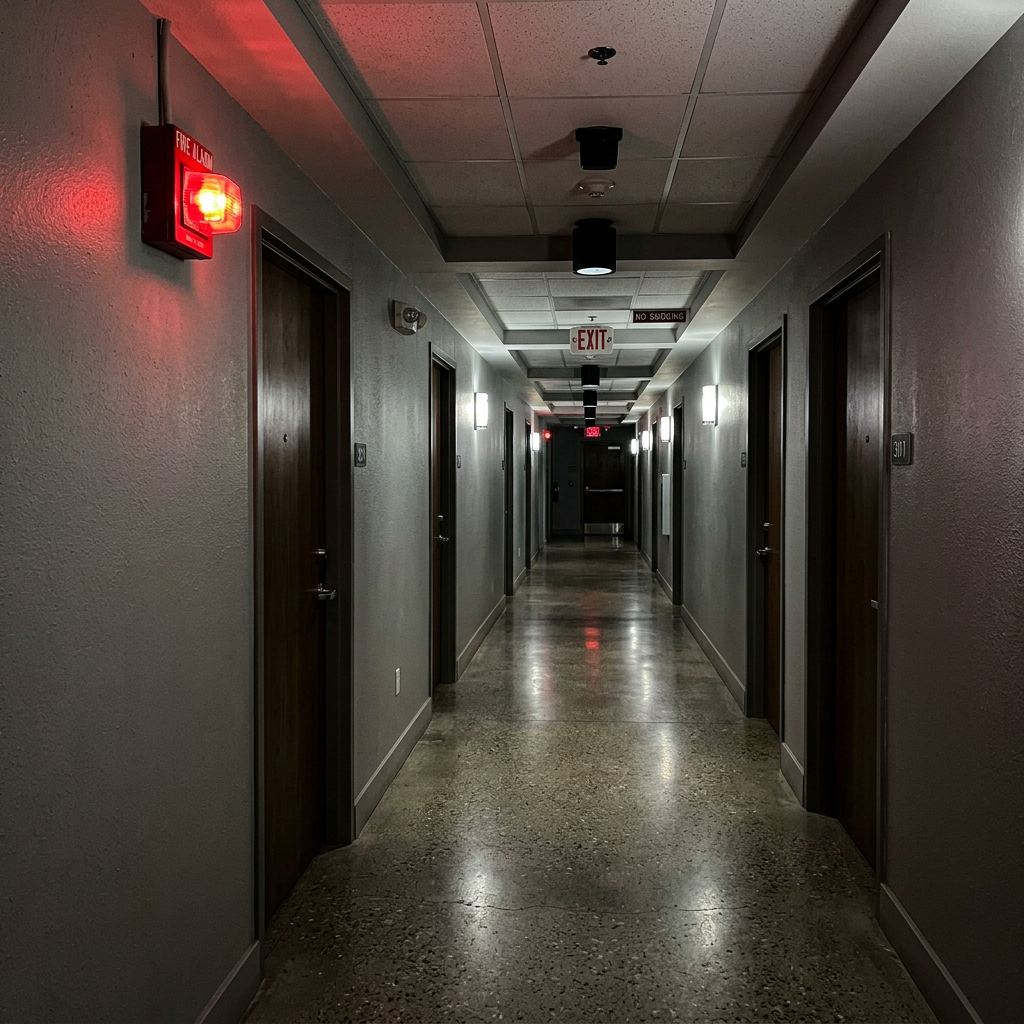 Hallway with closed wooden doors, illuminated wall lights, EXIT sign, and red fire alarm light