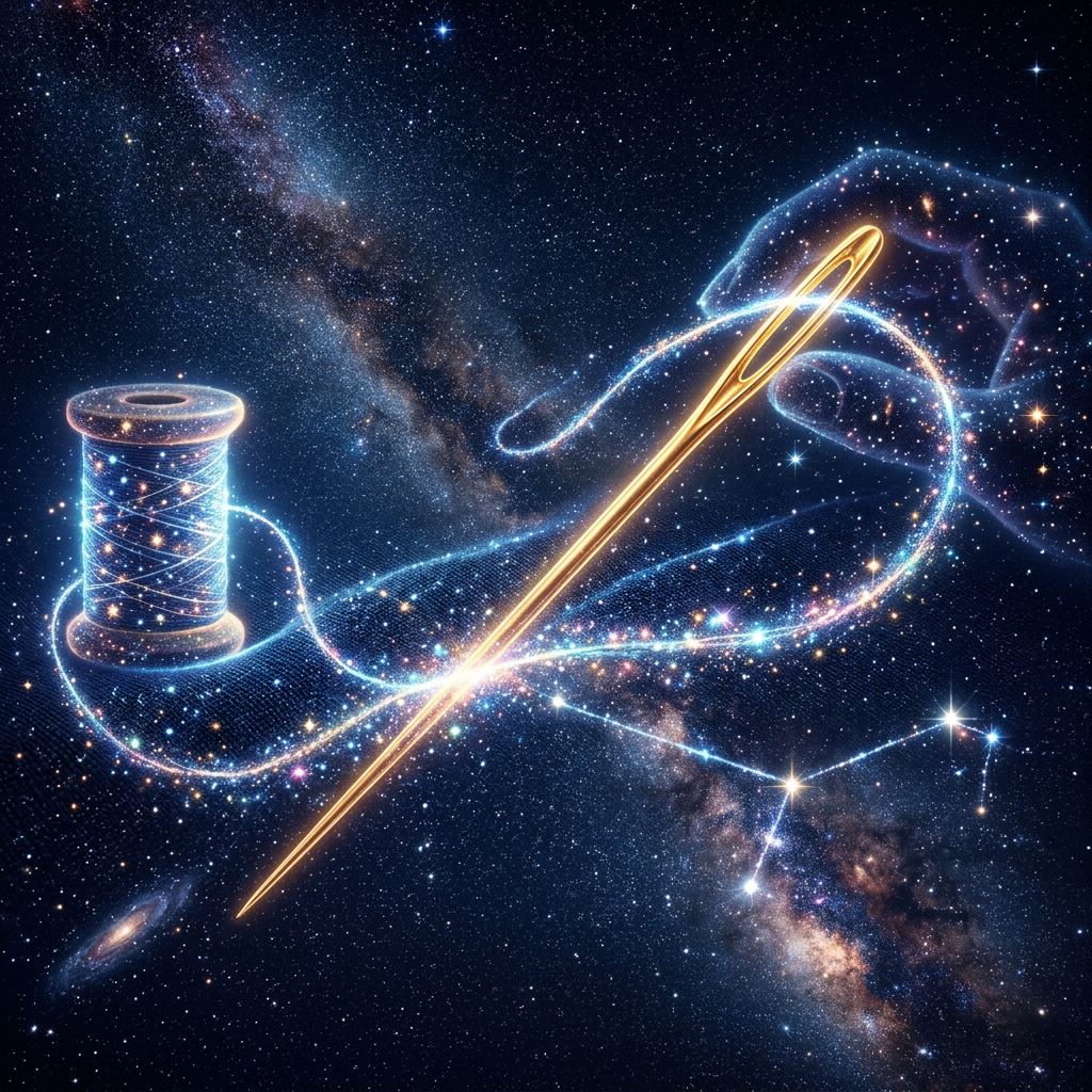A glowing needle and spool with thread made of stars against a starry night sky