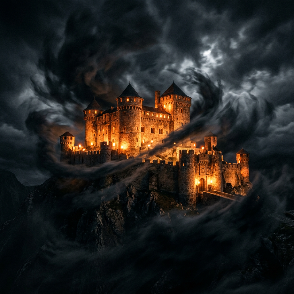 Medieval stone castle lit with warm lights surrounded by dark swirling clouds at night