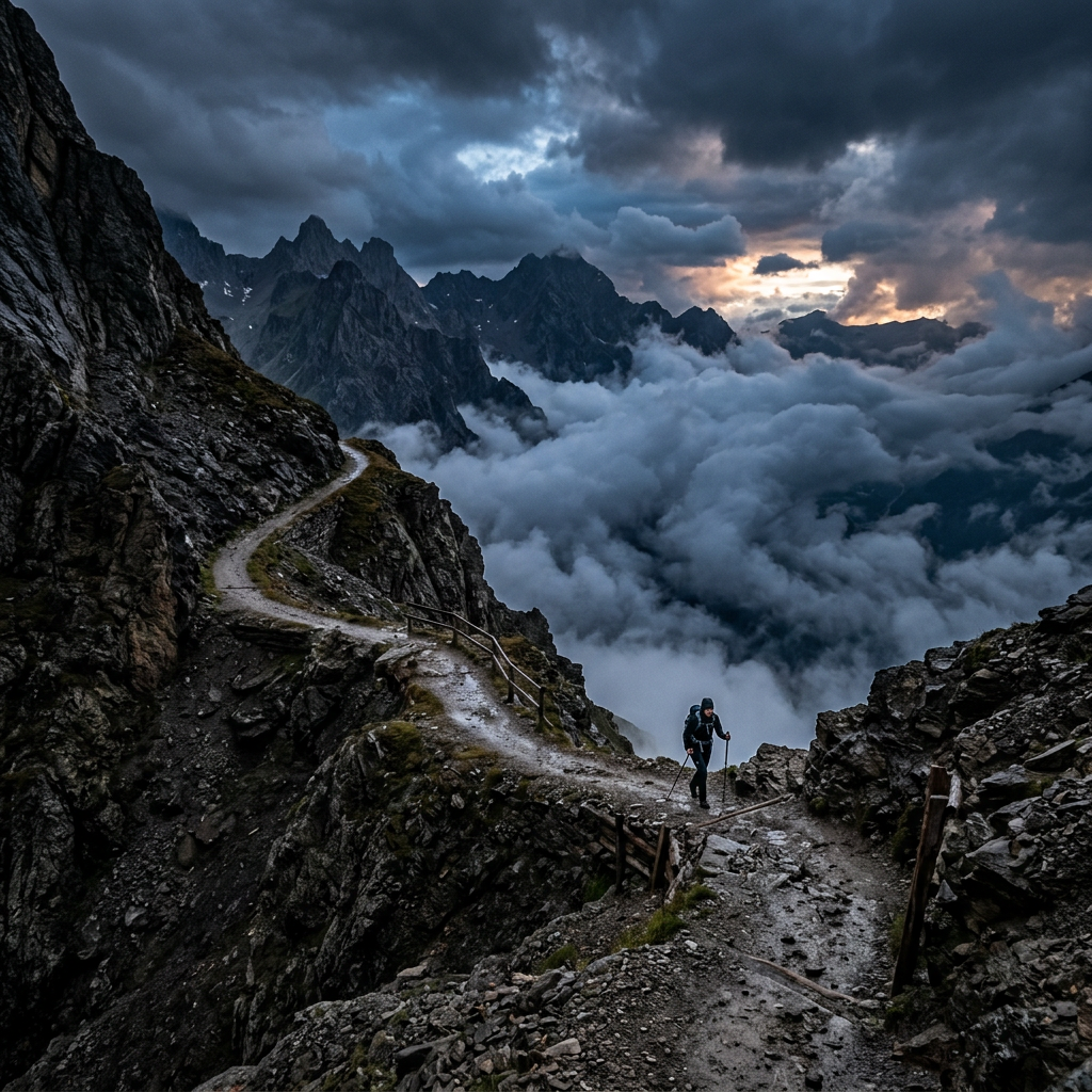 Hiker with backpack walking on rocky mountain trail surrounded by clouds and jagged peaks