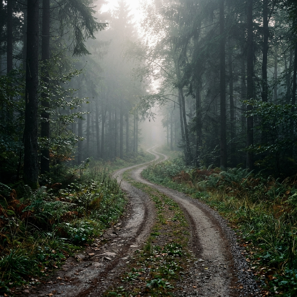Winding dirt trail through a foggy forest surrounded by tall trees and greenery
