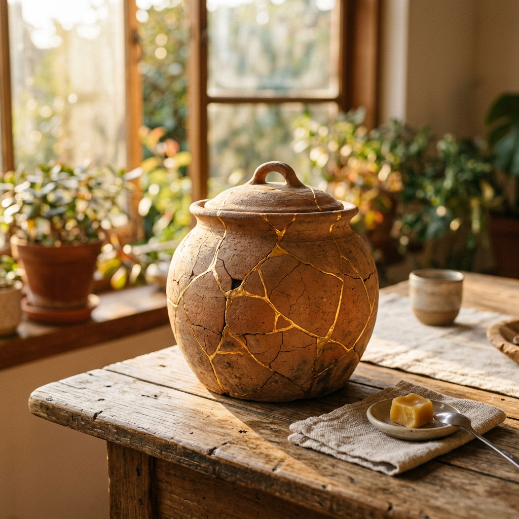 Rustic clay pot with golden Kintsugi repairs on a wooden table